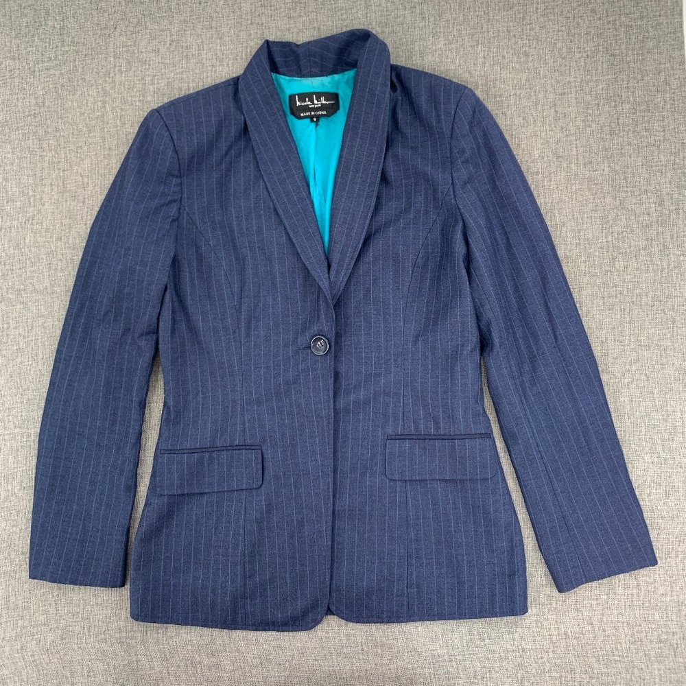 Nicole Miller Navy blue Blazer Jacket‎ one Button Size 6 Polyester Rayon Acetate